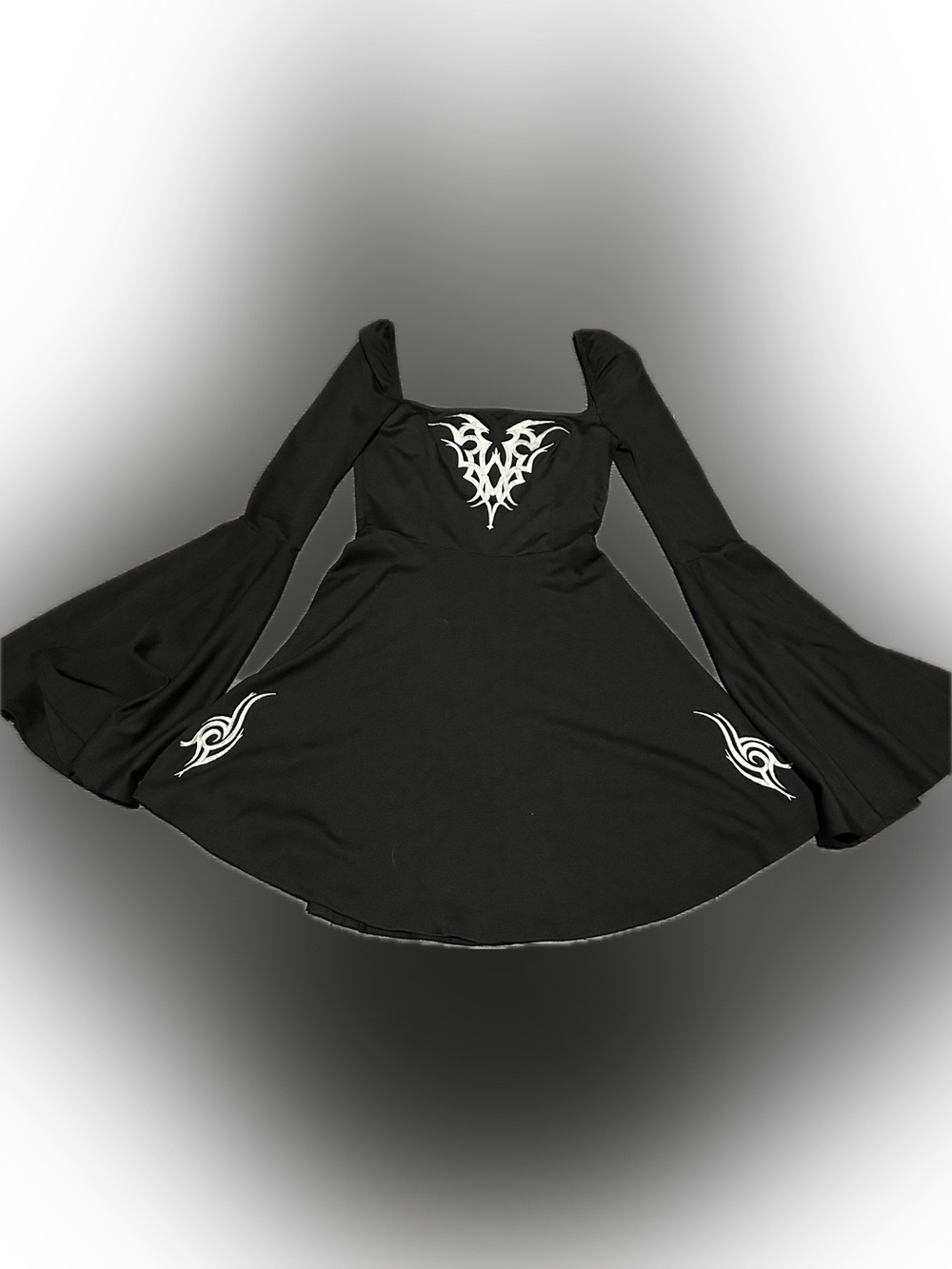 Current Mood Black Long Flare Sleeve Dress with Embroidered Tribal Detail